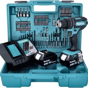 Makita DHP 482 RTX1W Akku Schlagbohrschrauber 18 V 62 Nm + 2x Akku 5,0 Ah + Ladeger?t + 74 tlg. Zubeh?rset + Koffer