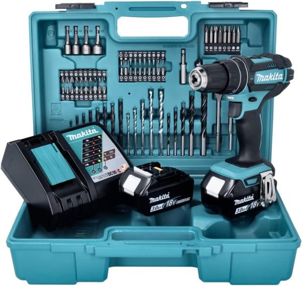 Makita DHP 482 RTX1W Akku Schlagbohrschrauber 18 V 62 Nm + 2x Akku 5,0 Ah + Ladeger?t + 74 tlg. Zubeh?rset + Koffer