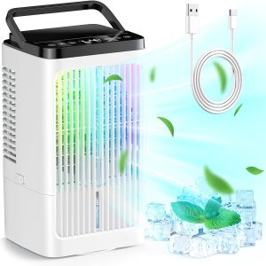 Portable air conditioner, 1500 ml fan, 4 speeds, 7-color LED lighting, 2 spray functions, and 1-8 hour timer, perfect for bedrooms and offices.