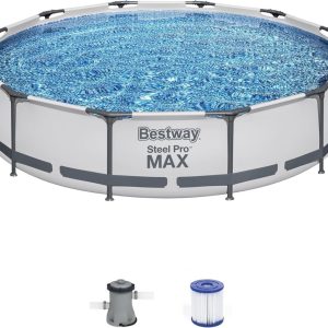 Bestway Steel Pro MAX 10 Foot x 30 Inch Round Metal Frame Above Ground Outdoor Backyard Swimming Pool Set with 330 GPH Filter Pump