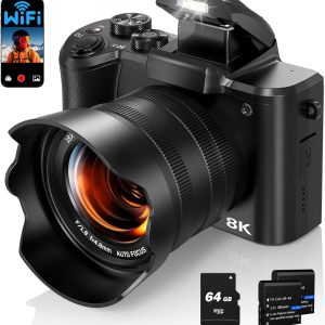 8K digital camera, suitable for photography, 88-megapixel autofocus WiFi live streaming camera, suitable for YouTube videos, equipped with front and rear lenses, flash, touch screen, lens hood, 64GB memory card, and 2 batteries (black)