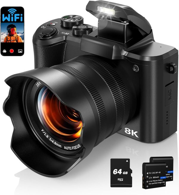 8K digital camera, suitable for photography, 88-megapixel autofocus WiFi live streaming camera, suitable for YouTube videos, equipped with front and rear lenses, flash, touch screen, lens hood, 64GB memory card, and 2 batteries (black)
