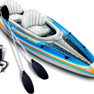 Sunlite Sports 2-Person Inflatable Kayak with Aluminum Oars (136" x 33"), High Output Air Pump and Storage Bag, Double Tandem Kayak for Adults, Two Person Canoe and Kayak, Good for Lakes and Rivers