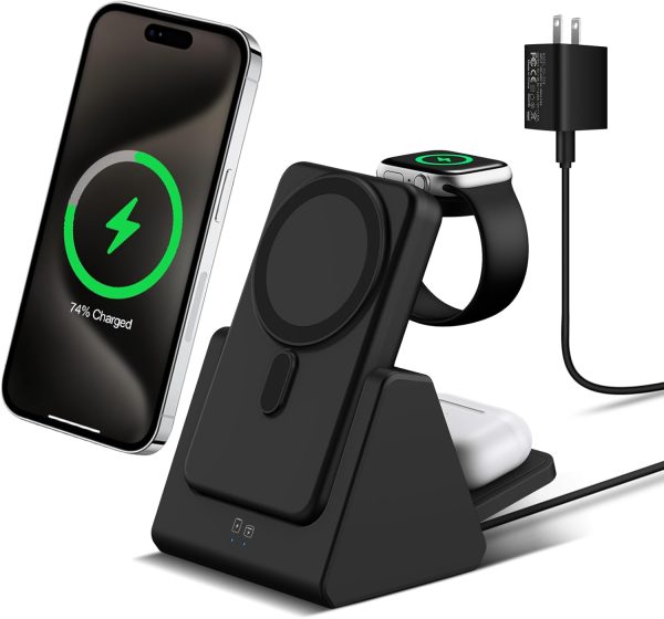 Mag-Safe Magnetic Charging Dock Wireless Charging Station: 3-in-1 10,000mAh Portable Power Bank, Compatible with iPhone 16/15/14/13/12 Series and Apple Watch - Magnetic Charging Dock (Black)（white）