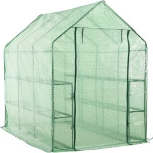 56.3in x 84.5in x 77.2in, outdoor walk-in greenhouse, polyethylene, powder-coated tubular steel, side windows, roll-up door