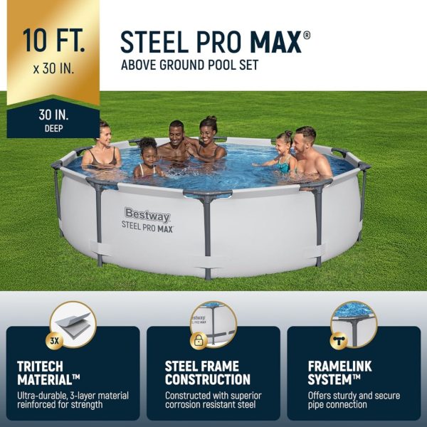 Bestway Steel Pro MAX 10 Foot x 30 Inch Round Metal Frame Above Ground Outdoor Backyard Swimming Pool Set with 330 GPH Filter Pump - Image 2