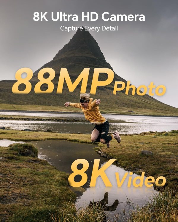 8K digital camera, suitable for photography, 88-megapixel autofocus WiFi live streaming camera, suitable for YouTube videos, equipped with front and rear lenses, flash, touch screen, lens hood, 64GB memory card, and 2 batteries (black) - Image 2