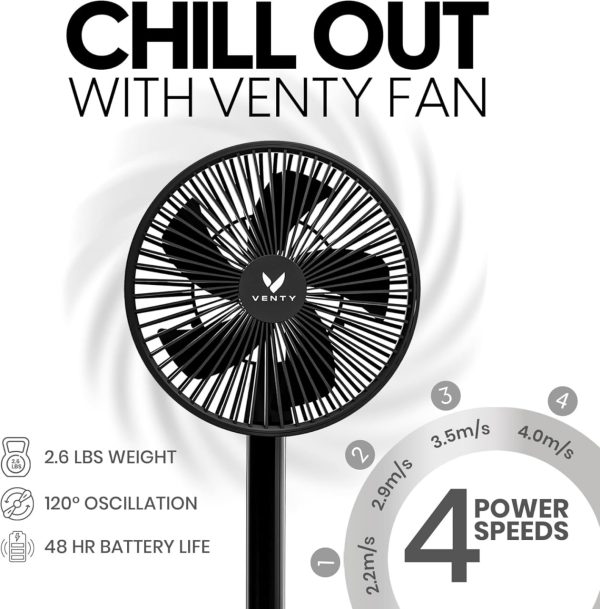 VENTY Portable Fan - Wireless Battery Operated Fan - 4 Speeds - LED Lighting - Carry Case & Remote Control - Cruise Travel - Outdoor Travel RV Power Bank With USB-C Port (Black with Case) - Image 2