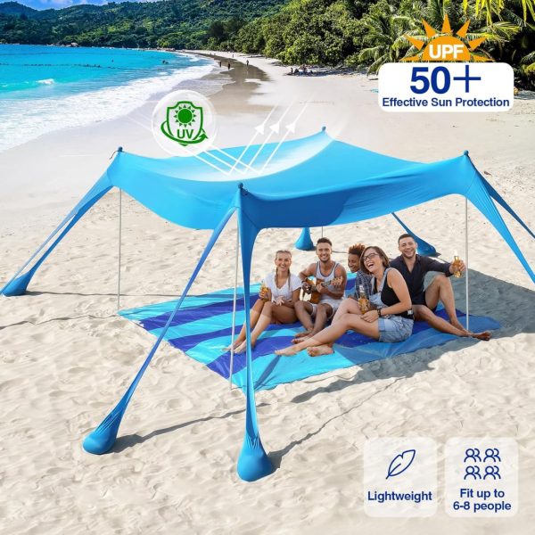 Rhino Valley Beach Tent Sun Shelter, Beach Canopy Tent Sun Shade UPF50+ Protection with 8 Sandbags 4 Stability Poles, Outdoor Beach Shade Canopy for Beach, Camping, Fishing - Image 2