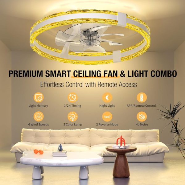 Ceiling Fans with Lights and Remote, 20'' Low Profile Flush Mount Ceiling Fan with 6 Speeds & 3 Color Temperature, 3000-6500K Dimmable Led Fandelier for Bedroom Livingroom, White - Image 2
