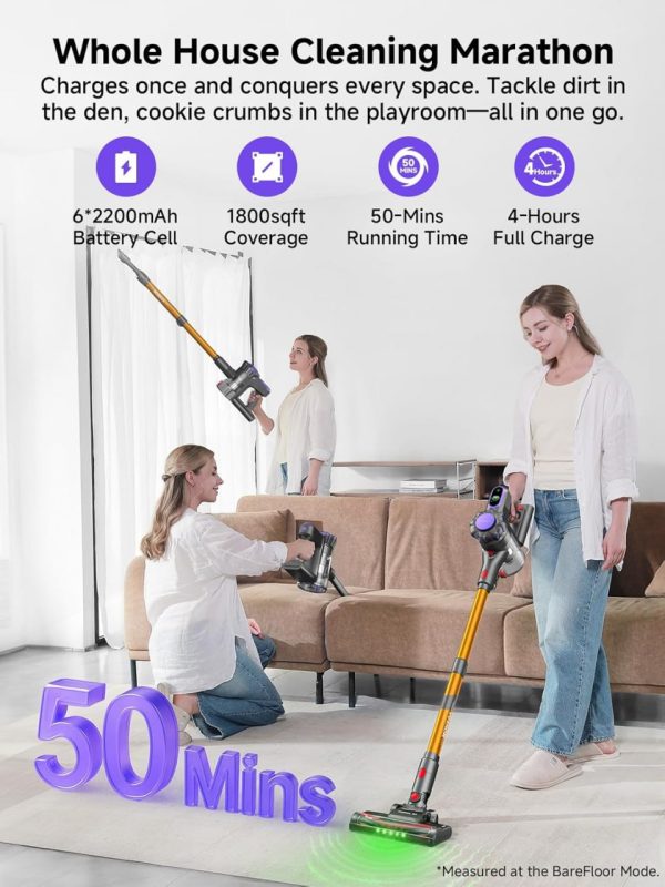 MONSGA Cordless Vacuum Cleaner, 45KPa 400W Stick Vacuum for Home, 50Mins Anti-Tangled Vacuum Cleaner with Charging Dock, Light-weighted Handheld Vacuum for Pet Hair/Carpet/Floor, LED Touch Display,MV3 - Image 2