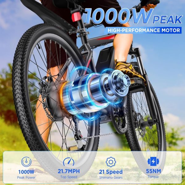 Electric Bike for Adults, 26'' 1000W Peak Ebike, Up to 50 Miles 21.7MPH Electric Mountain Bike with 48V 374.4WH Removable Battery, Adjustable Stem, Fenders, Lockable Suspension Fork, 21-Speed - Image 2