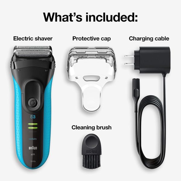 Braun Electric Series 3 Razor with Precision Trimmer, Rechargeable, Wet & Dry Foil Shaver for Men, Blue/Black, 4 Piece - Image 2