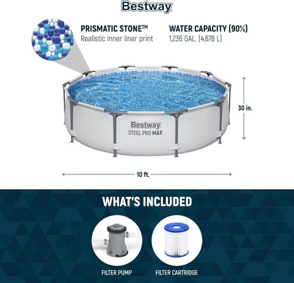Bestway Steel Pro MAX 10 Foot x 30 Inch Round Metal Frame Above Ground Outdoor Backyard Swimming Pool Set with 330 GPH Filter Pump - Image 3