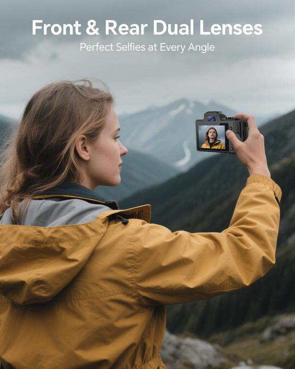 8K digital camera, suitable for photography, 88-megapixel autofocus WiFi live streaming camera, suitable for YouTube videos, equipped with front and rear lenses, flash, touch screen, lens hood, 64GB memory card, and 2 batteries (black) - Image 3