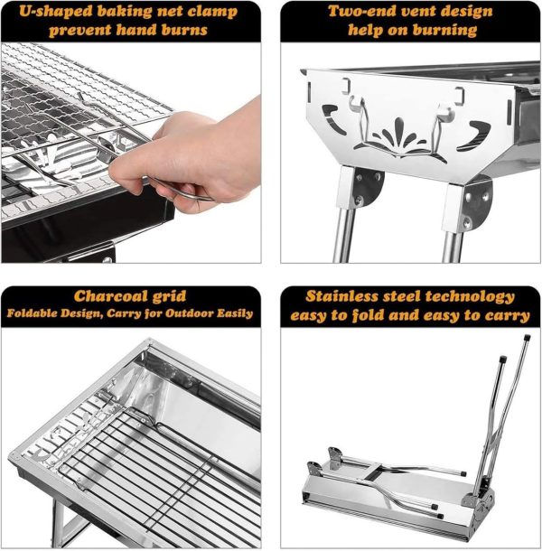 Barbecue Charcoal Grill Stainless Steel Folding Portable BBQ Tool Kits for Outdoor Cooking Camping Hiking Picnics Tailgating Backpacking or Any Outdoor Event (Large) - Image 3