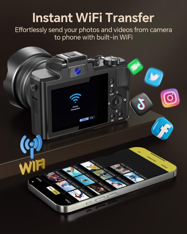 8K digital camera, suitable for photography, 88-megapixel autofocus WiFi live streaming camera, suitable for YouTube videos, equipped with front and rear lenses, flash, touch screen, lens hood, 64GB memory card, and 2 batteries (black) - Image 4