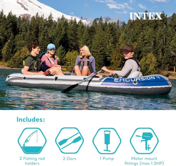 INTEX Excursion Inflatable Boat Series: Includes Deluxe 54in Boat Oars and High-Output Pump – SuperTough PVC – Adjustable Seats with Backrest – Fishing Rod Holders – Welded Oar Locks - Image 4