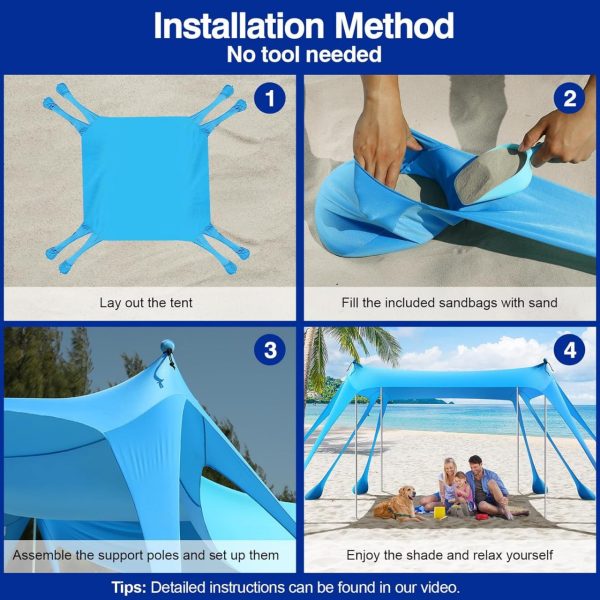 Rhino Valley Beach Tent Sun Shelter, Beach Canopy Tent Sun Shade UPF50+ Protection with 8 Sandbags 4 Stability Poles, Outdoor Beach Shade Canopy for Beach, Camping, Fishing - Image 4