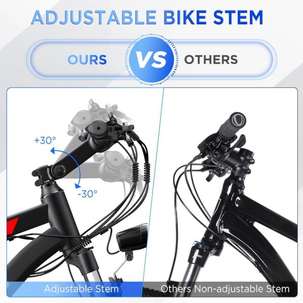 Electric Bike for Adults, 26'' 1000W Peak Ebike, Up to 50 Miles 21.7MPH Electric Mountain Bike with 48V 374.4WH Removable Battery, Adjustable Stem, Fenders, Lockable Suspension Fork, 21-Speed - Image 4