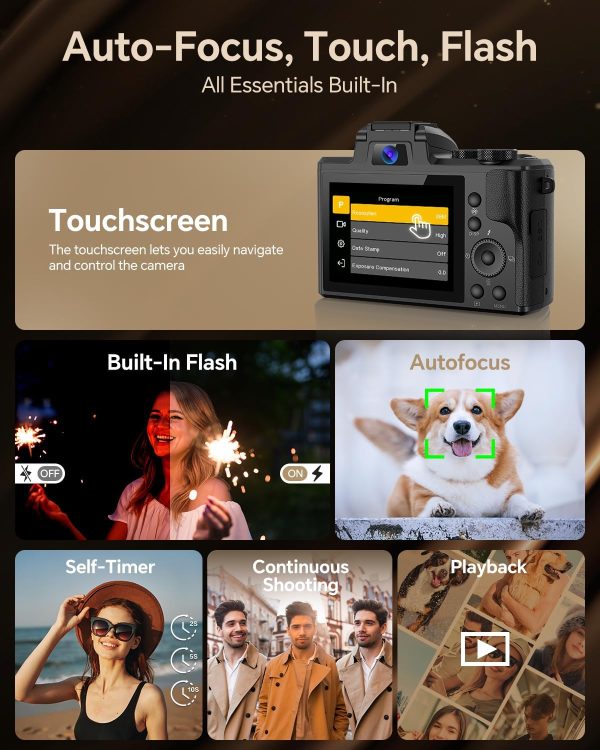 8K digital camera, suitable for photography, 88-megapixel autofocus WiFi live streaming camera, suitable for YouTube videos, equipped with front and rear lenses, flash, touch screen, lens hood, 64GB memory card, and 2 batteries (black) - Image 5