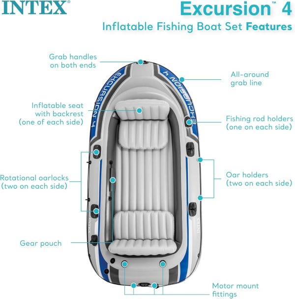 INTEX Excursion Inflatable Boat Series: Includes Deluxe 54in Boat Oars and High-Output Pump – SuperTough PVC – Adjustable Seats with Backrest – Fishing Rod Holders – Welded Oar Locks - Image 5