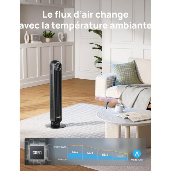 Dreo 20dB silent tower fan, speed 7.6 m/s - 90° oscillating tower fan for bedrooms, 92 cm high, remote control included, 4 speeds, 4 modes, 8-hour timer, black - Nomad One - Image 5