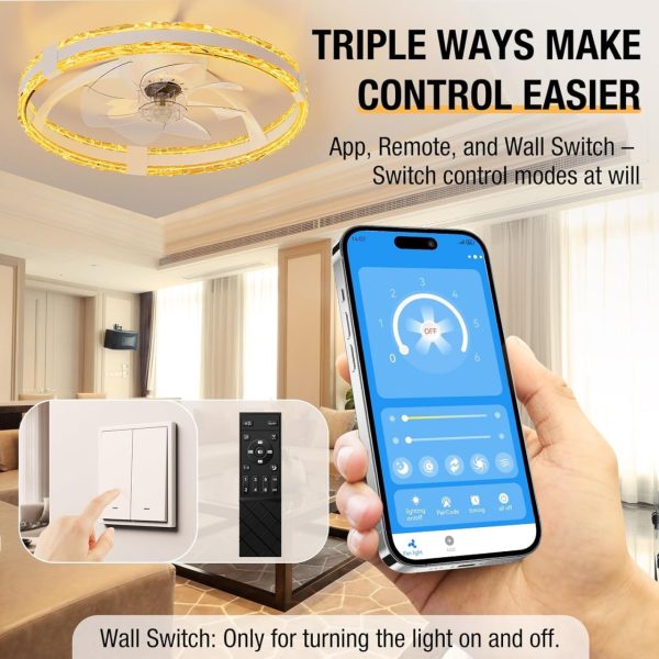 Ceiling Fans with Lights and Remote, 20'' Low Profile Flush Mount Ceiling Fan with 6 Speeds & 3 Color Temperature, 3000-6500K Dimmable Led Fandelier for Bedroom Livingroom, White - Image 5