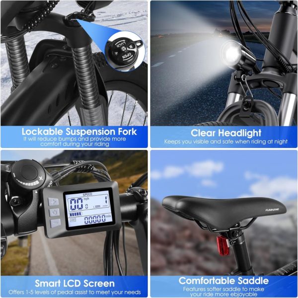 Electric Bike for Adults, 26'' 1000W Peak Ebike, Up to 50 Miles 21.7MPH Electric Mountain Bike with 48V 374.4WH Removable Battery, Adjustable Stem, Fenders, Lockable Suspension Fork, 21-Speed - Image 5