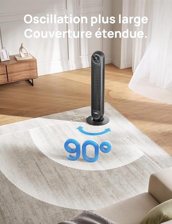 Dreo 20dB ventilateur colonne silencieux, Vitesse 7,6 m/s - Oscillant à 90° ventilateurs tour pour chambre, 92 cm de haut, Télécommand incluse, 4 vitesse, 4 modes, minuterie 8H, Noir - Nomad One