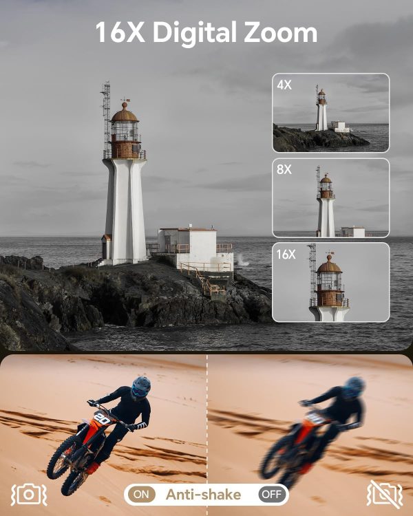 8K digital camera, suitable for photography, 88-megapixel autofocus WiFi live streaming camera, suitable for YouTube videos, equipped with front and rear lenses, flash, touch screen, lens hood, 64GB memory card, and 2 batteries (black) - Image 6