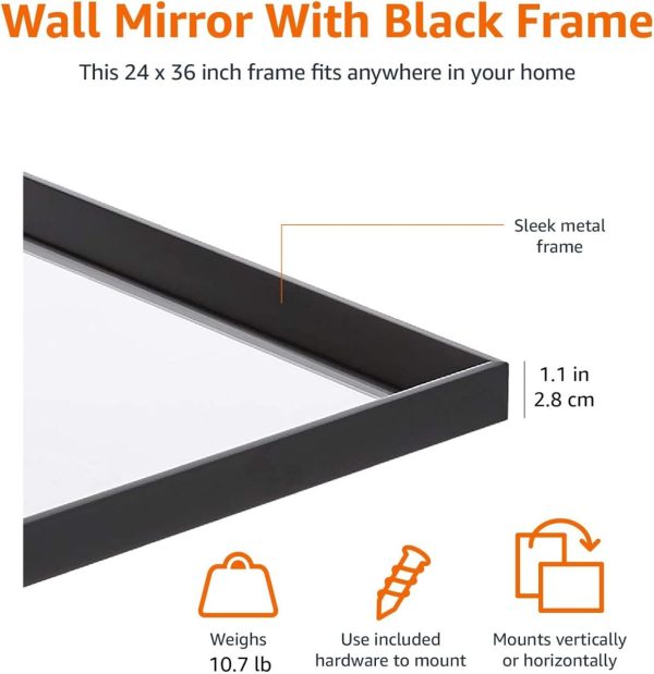 Basics Rectangular Wall Mount Mirror 24" x 36", Peaked Trim, Black - Image 6