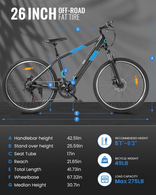 Electric Bike for Adults,36V Built-in Invisible Removable Battery,350W Brushless Motor(Peak 450W) Electric Mountain Bike,26" Tires&Front Fork Suspension,UL Certified 7-Speed - Image 6