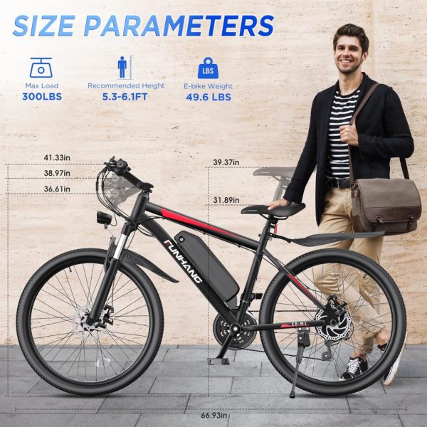 Electric Bike for Adults, 26'' 1000W Peak Ebike, Up to 50 Miles 21.7MPH Electric Mountain Bike with 48V 374.4WH Removable Battery, Adjustable Stem, Fenders, Lockable Suspension Fork, 21-Speed - Image 6