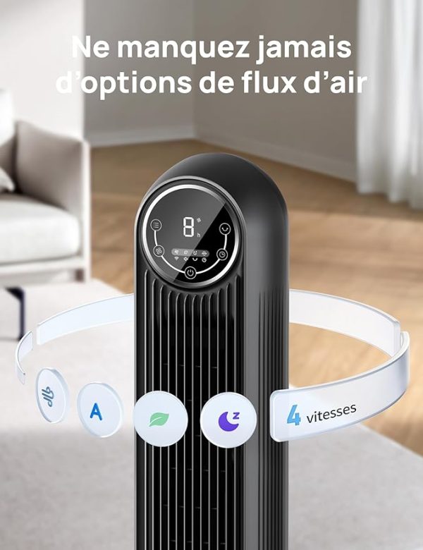 Dreo 20dB ventilateur colonne silencieux, Vitesse 7,6 m/s - Oscillant à 90° ventilateurs tour pour chambre, 92 cm de haut, Télécommand incluse, 4 vitesse, 4 modes, minuterie 8H, Noir - Nomad One - Image 2