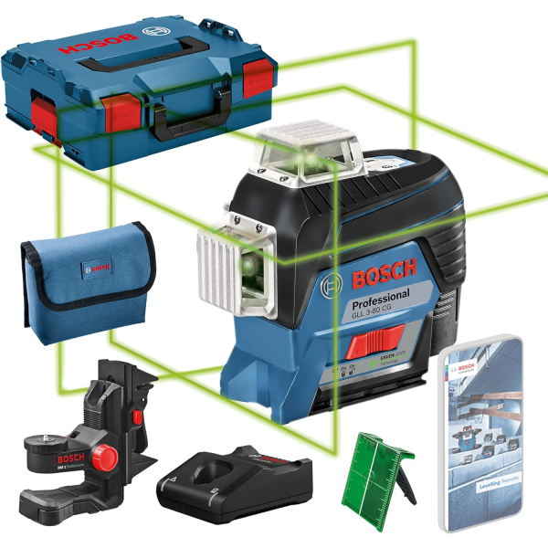 Bosch Professional 12V Line Laser System GLL 3-80 CG (2 x 12 V batteries, charger, green laser, with dedicated mobile app, support, range: up to 30 m, in L-BOXX)
