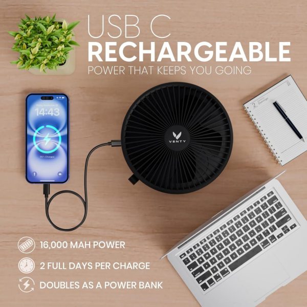 VENTY Portable Fan - Wireless Battery Operated Fan - 4 Speeds - LED Lighting - Carry Case & Remote Control - Cruise Travel - Outdoor Travel RV Power Bank With USB-C Port (Black with Case) - Image 7