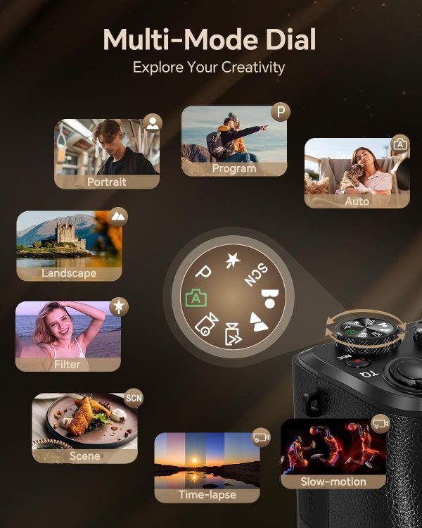 8K digital camera, suitable for photography, 88-megapixel autofocus WiFi live streaming camera, suitable for YouTube videos, equipped with front and rear lenses, flash, touch screen, lens hood, 64GB memory card, and 2 batteries (black) - Image 8