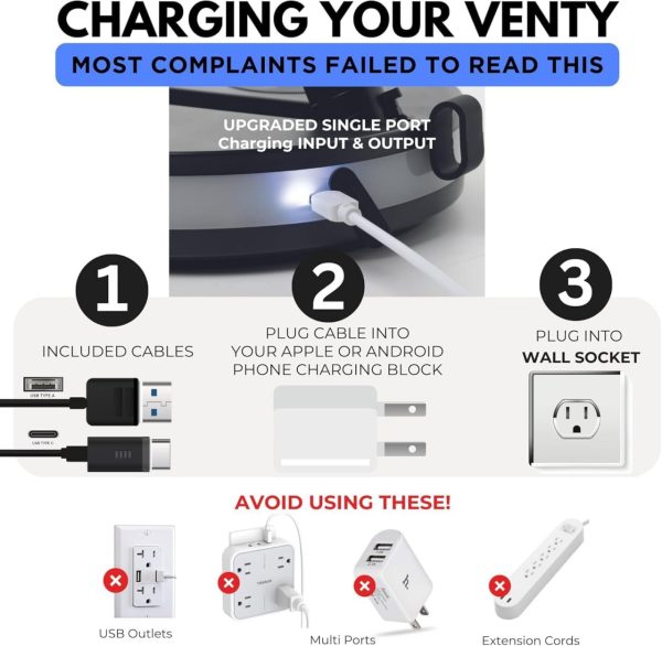 VENTY Portable Fan - Wireless Battery Operated Fan - 4 Speeds - LED Lighting - Carry Case & Remote Control - Cruise Travel - Outdoor Travel RV Power Bank With USB-C Port (Black with Case) - Image 9