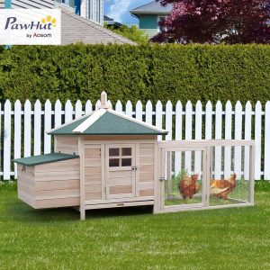 PawHut Poulailler Cottage Multi-équipement perchoir Rampe pondoir enclos tiroir à déjection 196L x 76l x 97H cm Bois Massif pin